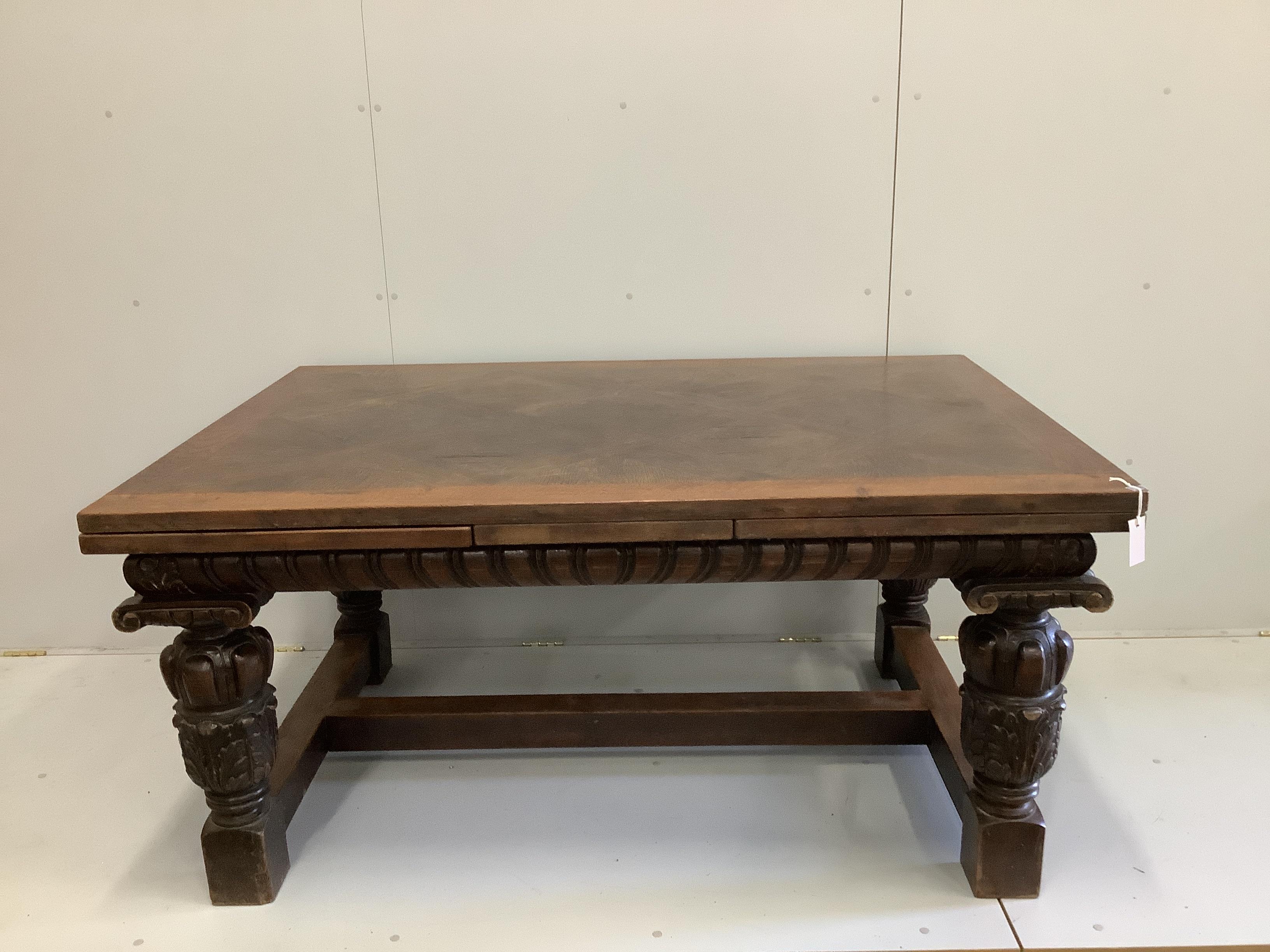 A Jacobean revival rectangular parquetry top oak draw leaf refectory dining table, 280cm extended, width 109cm, height 76cm